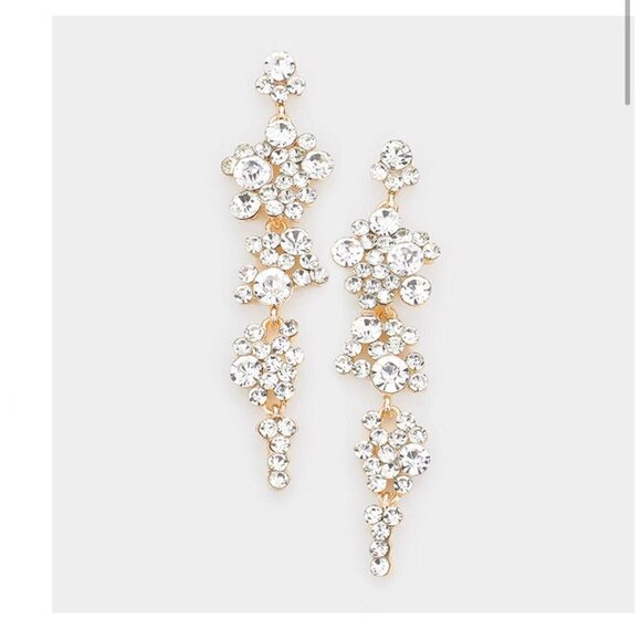 White rhinestone gold earrings clear long bridal prom crystal pierced earrings - Picture 5 of 9